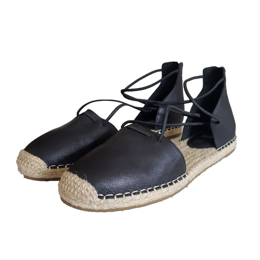 EILEEN FISHER Lace Leather Espadrille Black Flat Slip On Closed Toe Sandal Sz 10